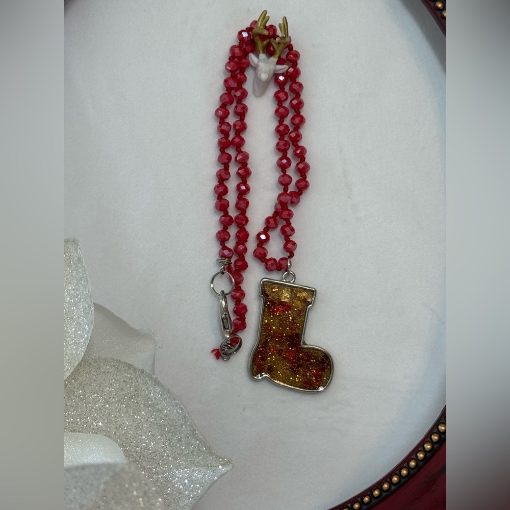 Christmas Necklace, red beaded chain with red and gold stocking pendant